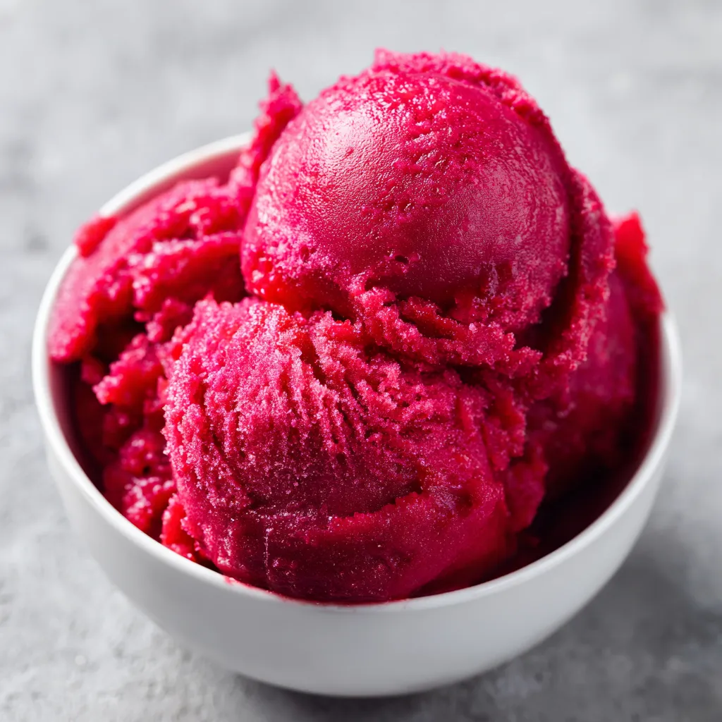 Un bol de sorbet frambuesa lichi sin su base.