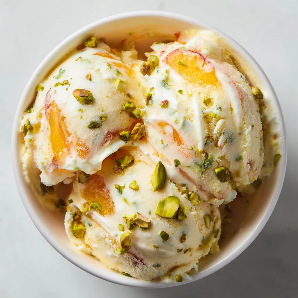 Un bol de helado con pistacho y nectarine.