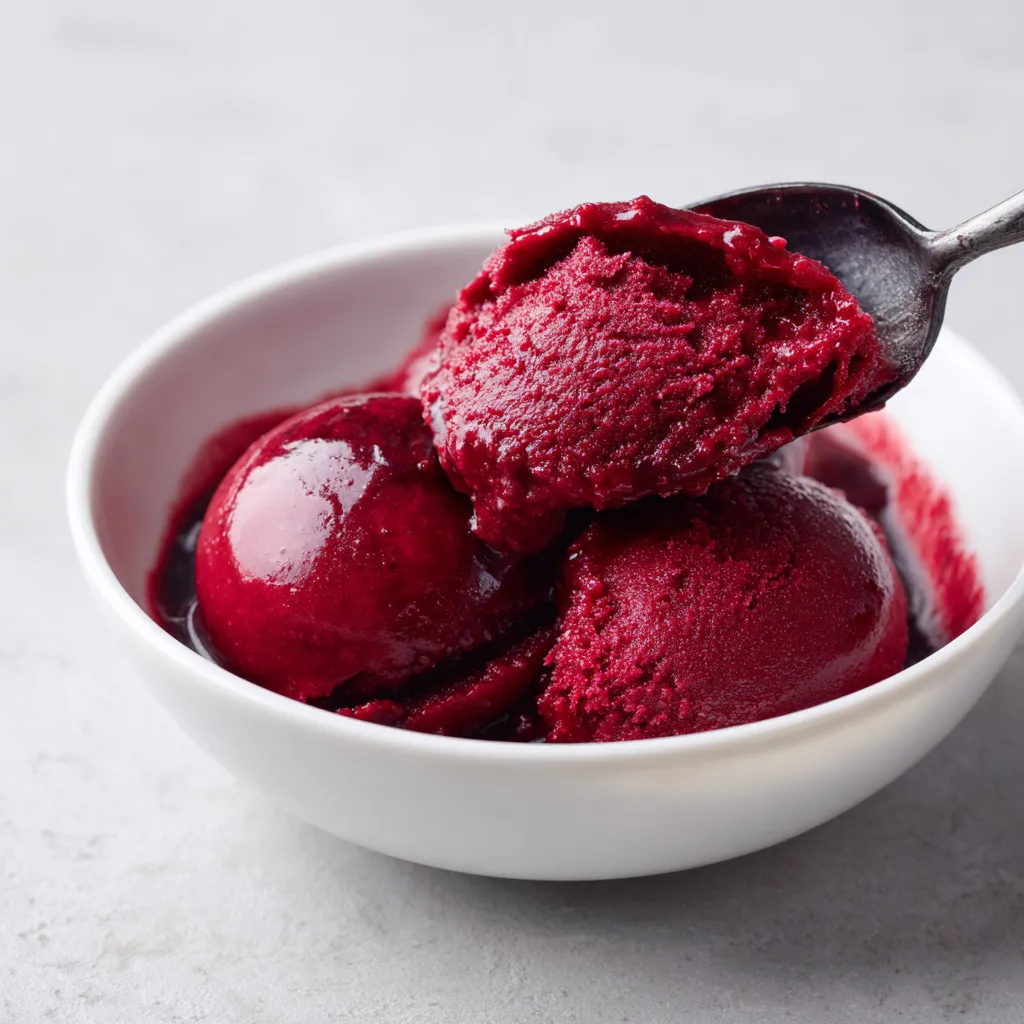 Un bol de sorbet groseille rouge y cassis.