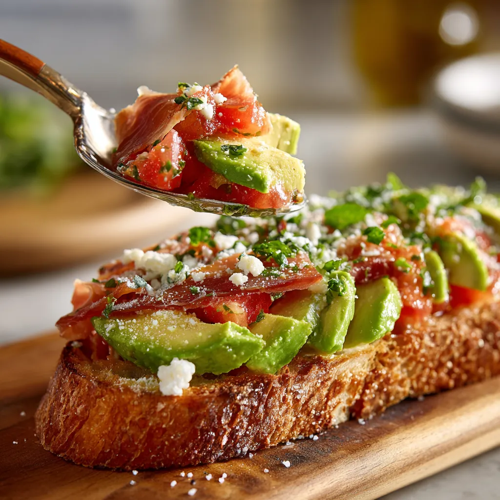 Toastadas mediterráneas con tomate, aguacate y jamón serrano.