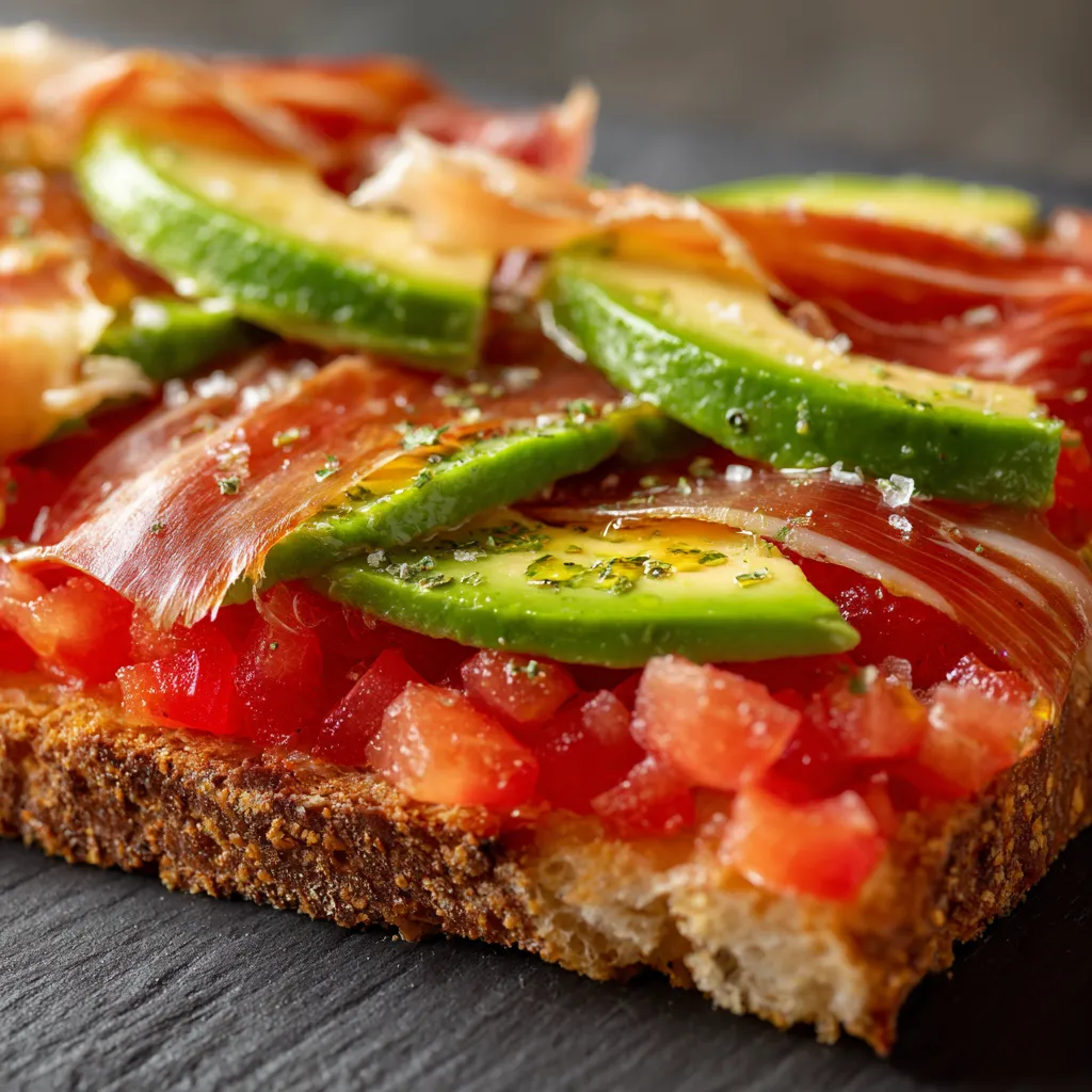 Una tostada mediterránea con tomate, aguacate y jamón serrano.