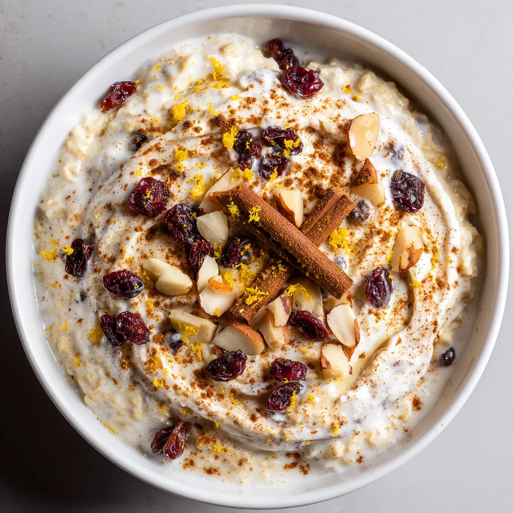 Un plato de arroz con leche y frutas.