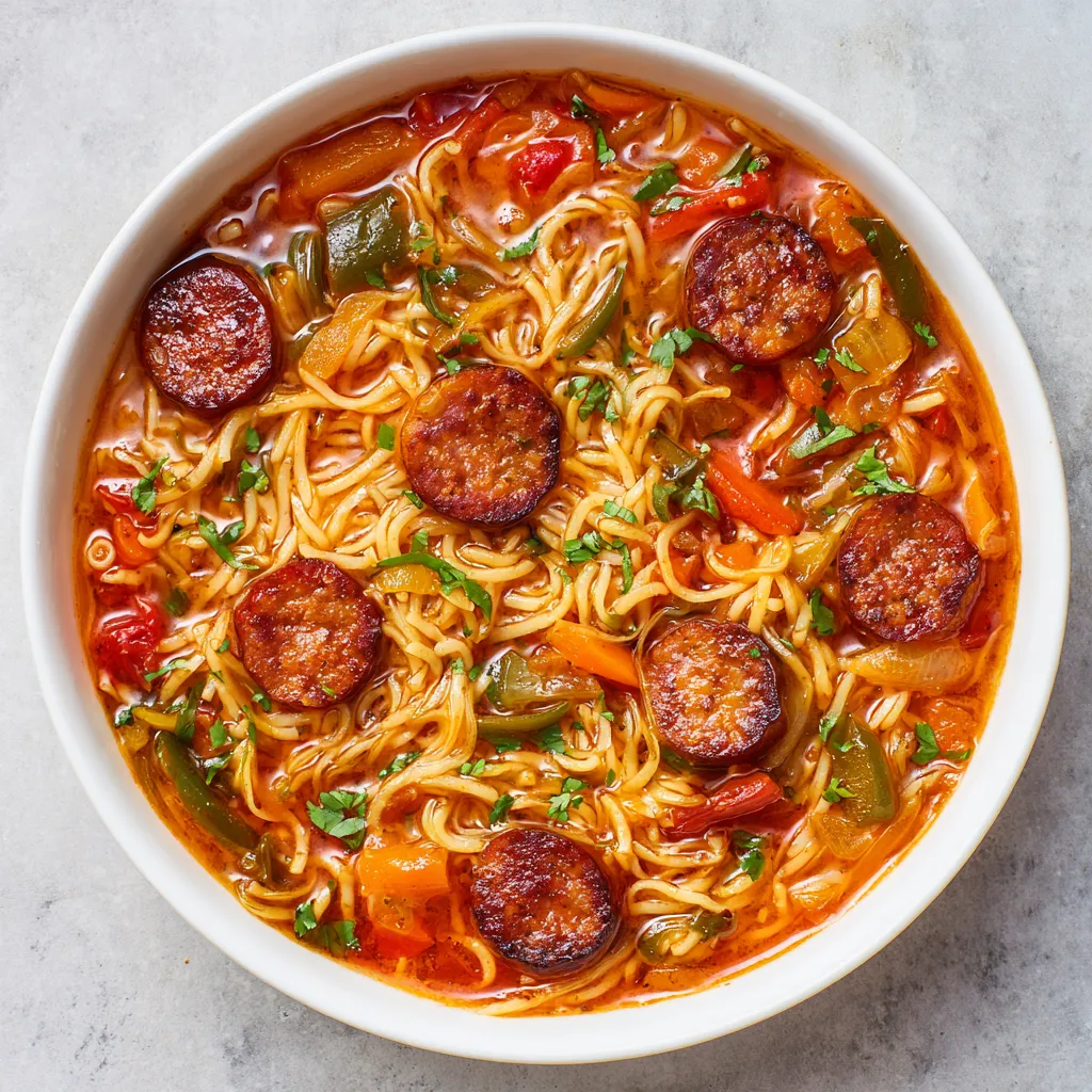 Fideos a la cazuela con chorizo y verduras.