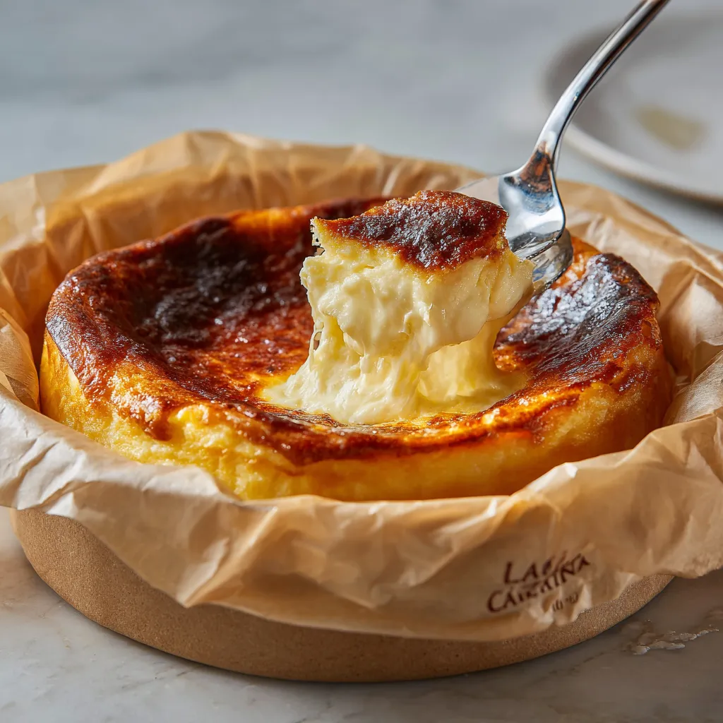 Un postre en un plato con un tenedor.