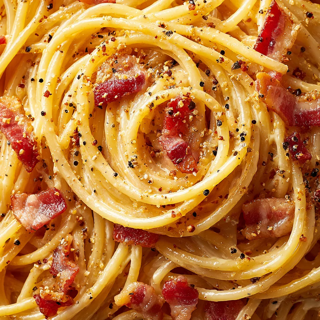 Una imagen de spaghetti carbonara con bacon y especias.