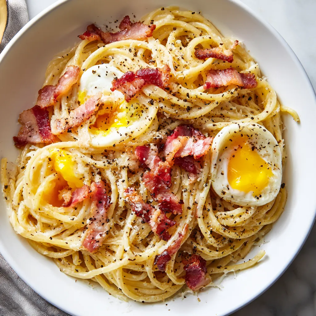 Un plato de spaghetti carbonara con huevo y bacon.