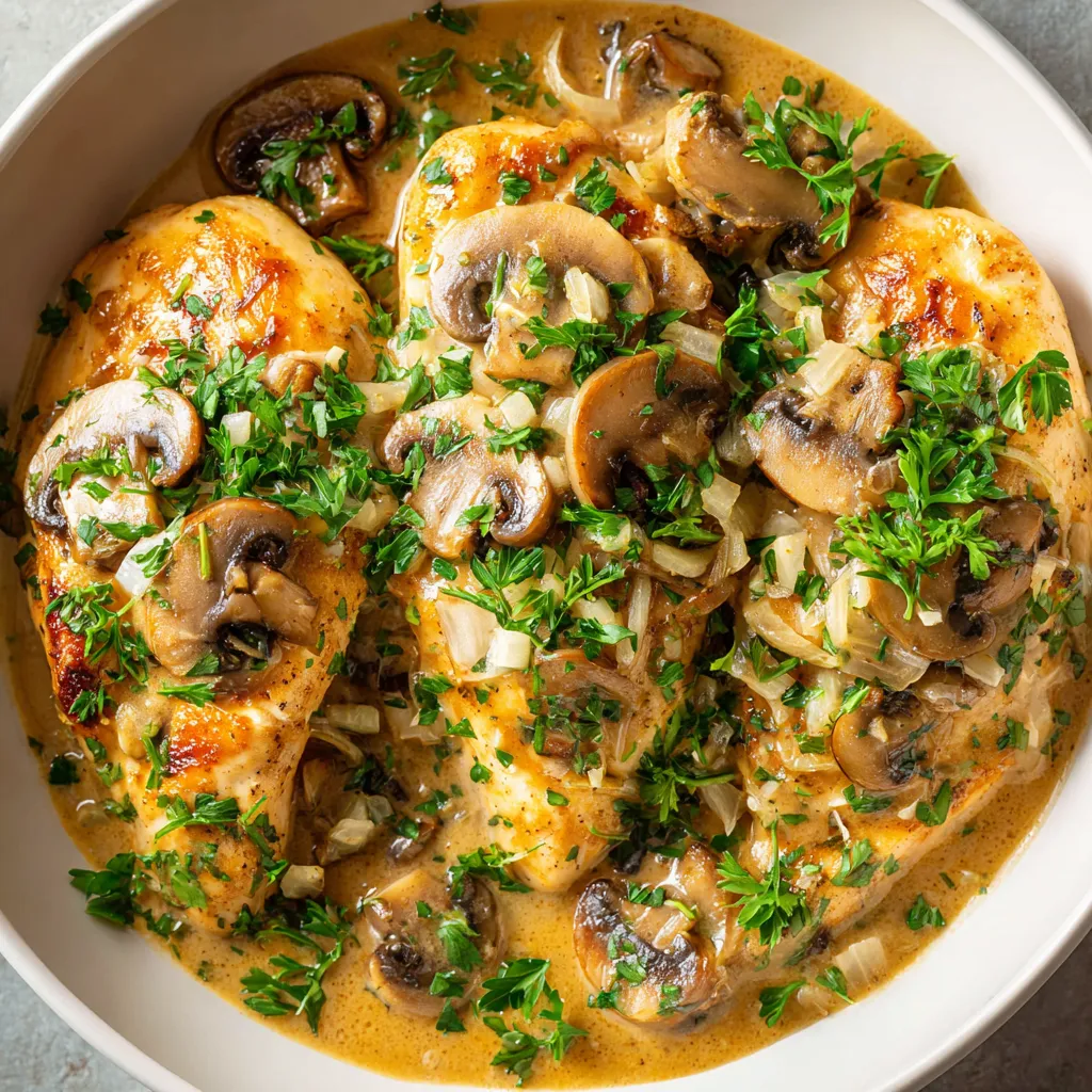 Pechuga de pollo en salsa de champiñones.