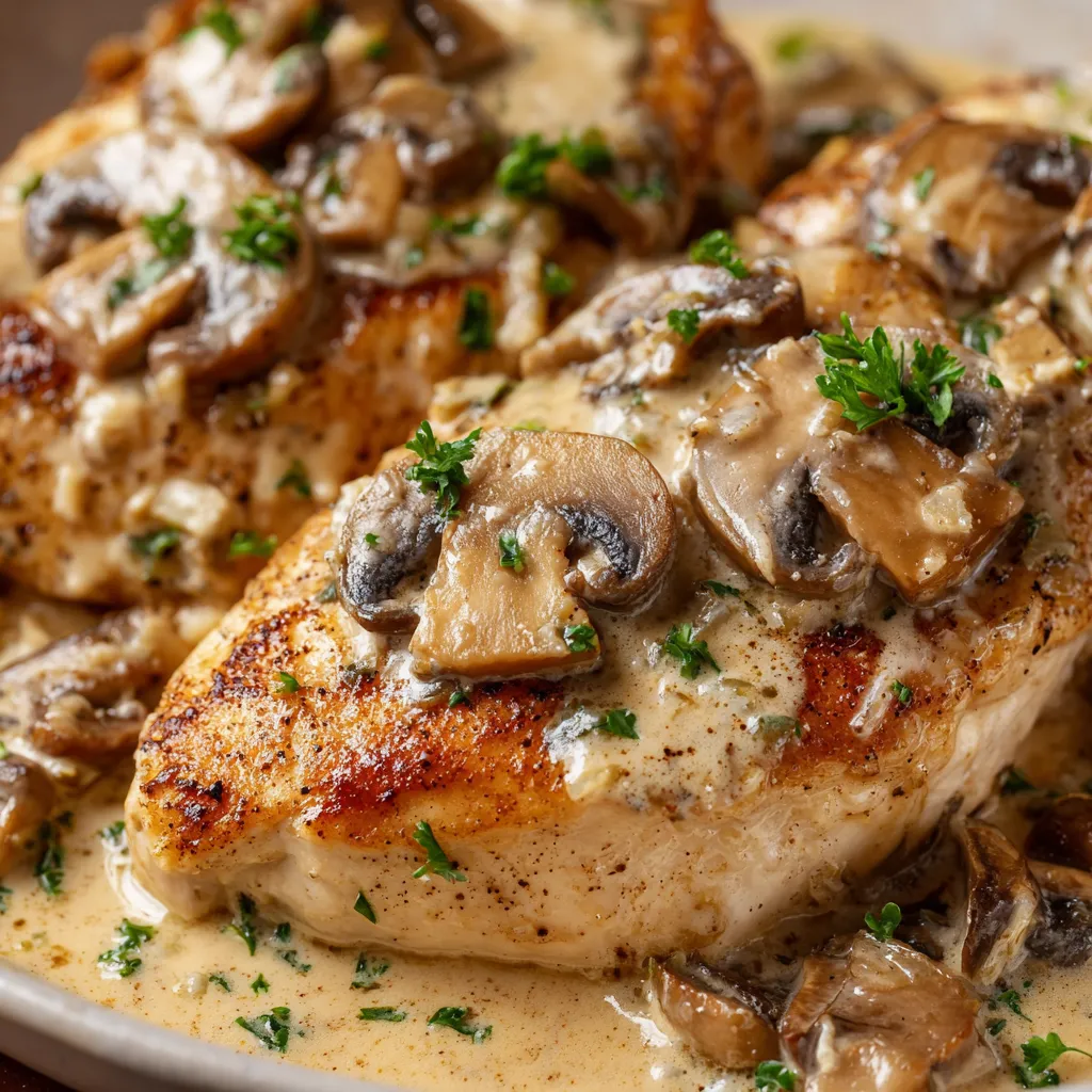 Pechuga de pollo en salsa de champiñones.