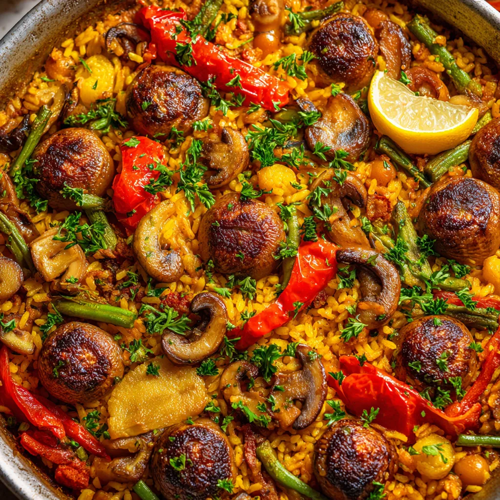 Paella con chestnut y champiñones salvajes.