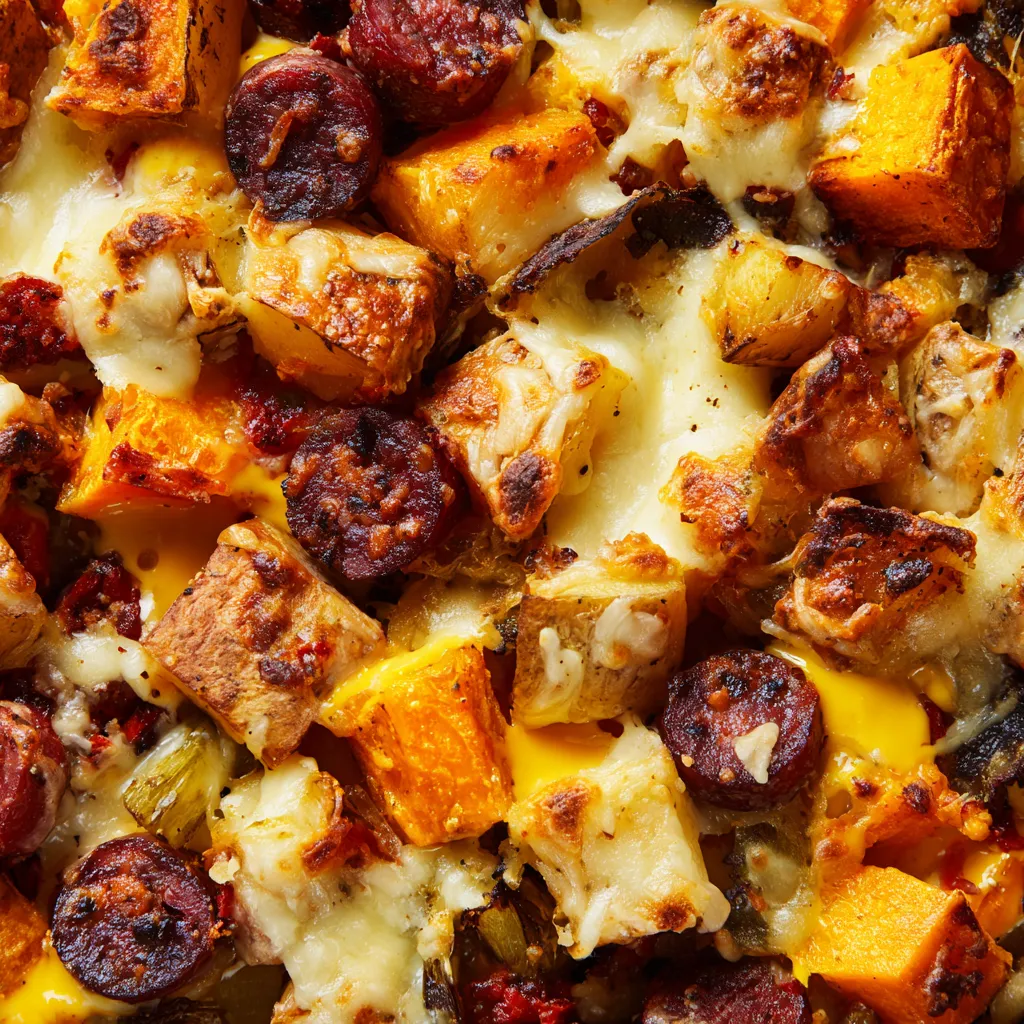 Patatas bravas con chorizo y butternut.