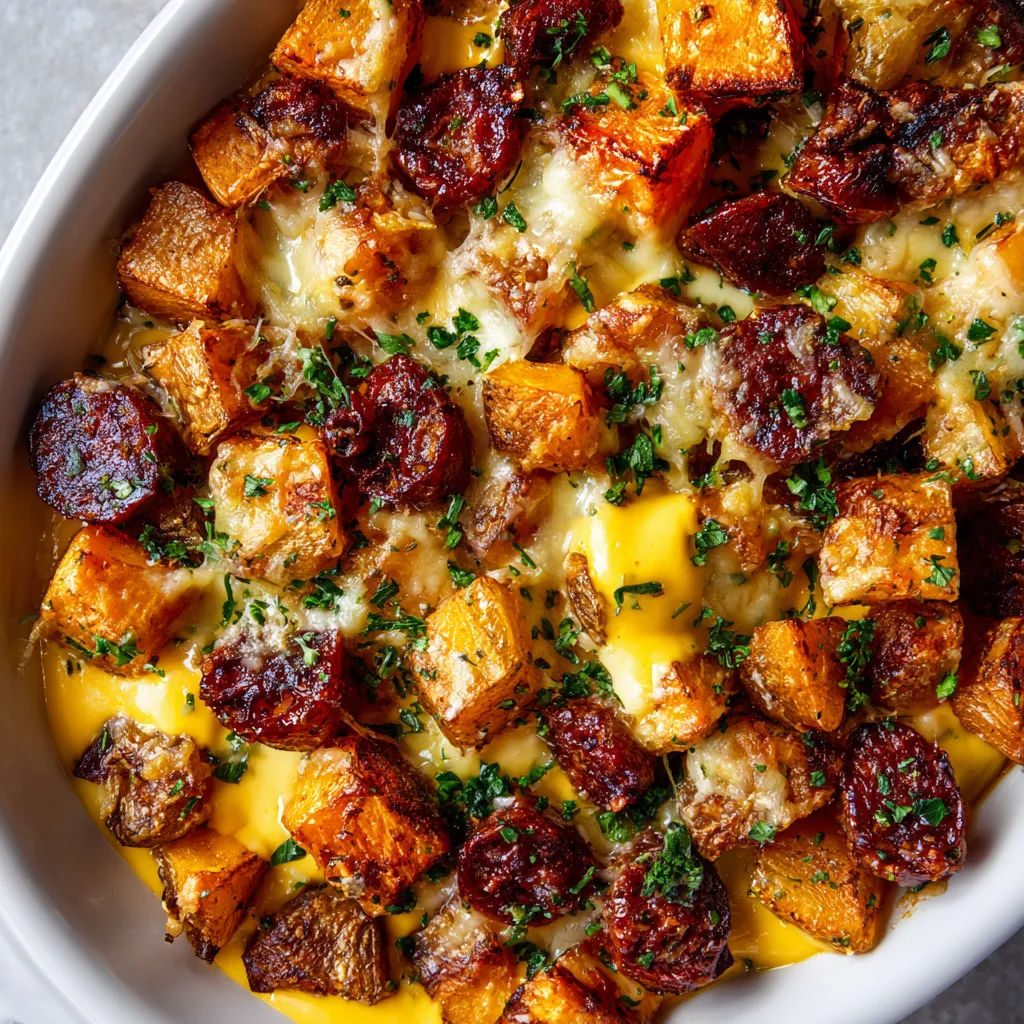 Patatas bravas con chorizo y butternut.