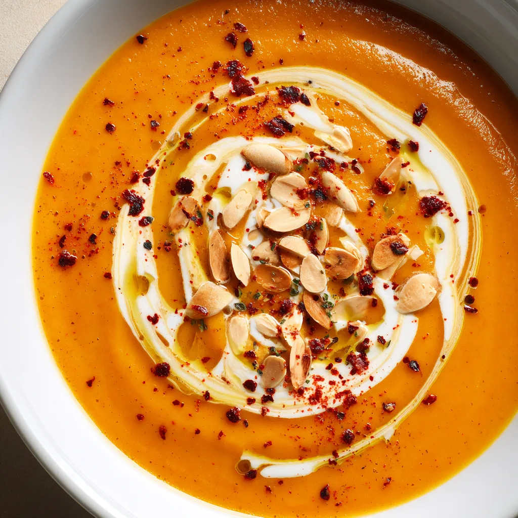 Una porción de sopa de calabaza con especias y nueces.