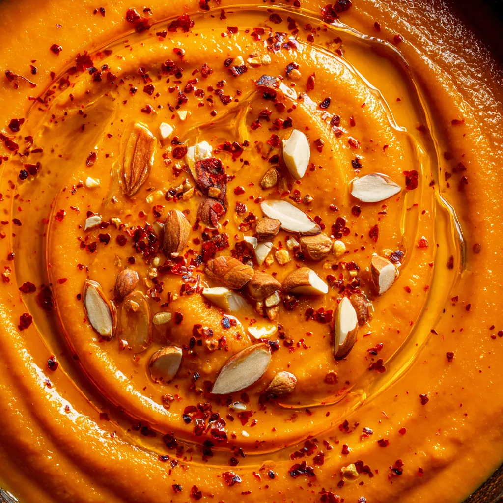 Una porción de spiced warm pumpkin gazpacho.