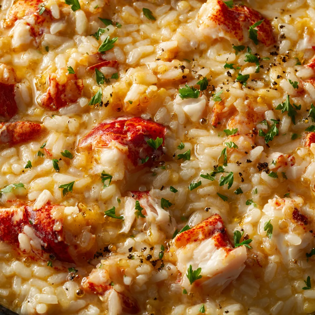 Arroz caldoso con langosta y aceite de trufa.