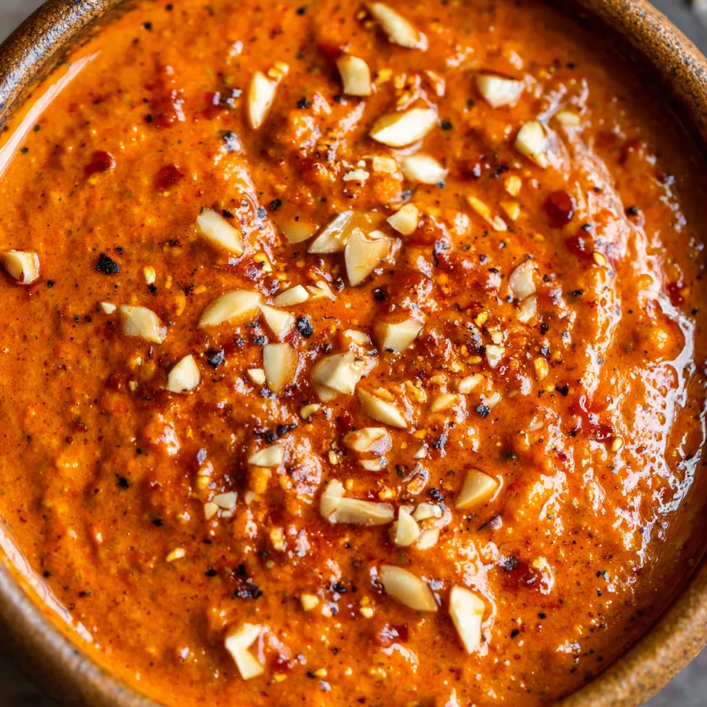 Una cazuela de salsa roja con almendras tostadas y peras asadas.