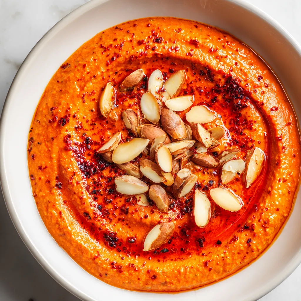 Una porción de Romesco con nueces tostadas y peras asadas.