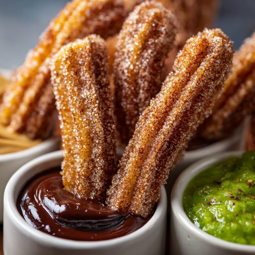 Churros con salsas diferentes.
