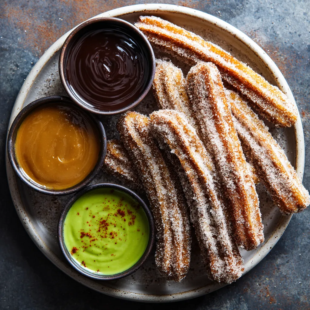 Churros con multi-salsas: dulce de leche, chocolate con pimentón y pistachos.