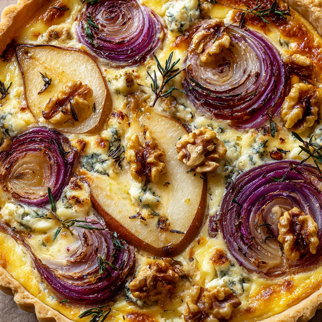 Tarta salada de pera, gorgonzola y miel de romero sobre masa quebrada.