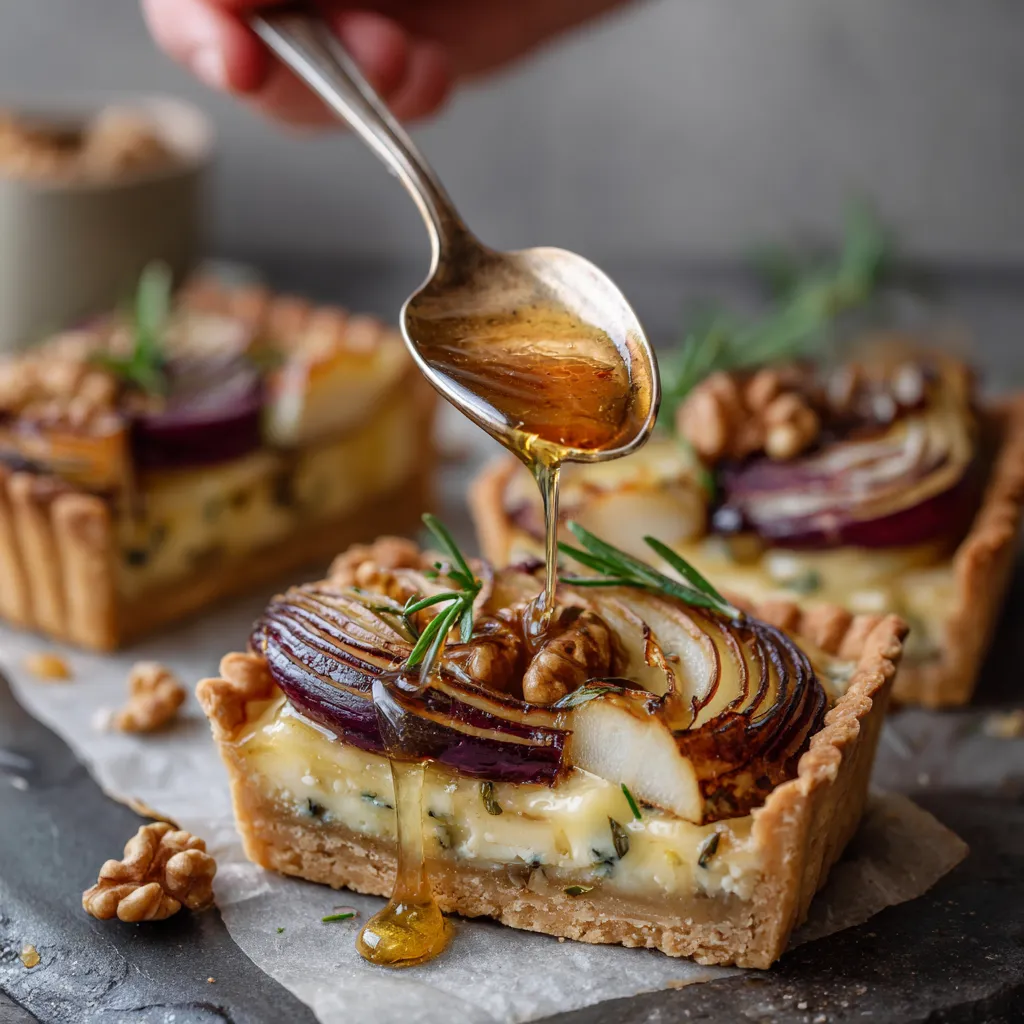 Tarta salada de pera, gorgonzola y miel de romero sobre masa quebrada.