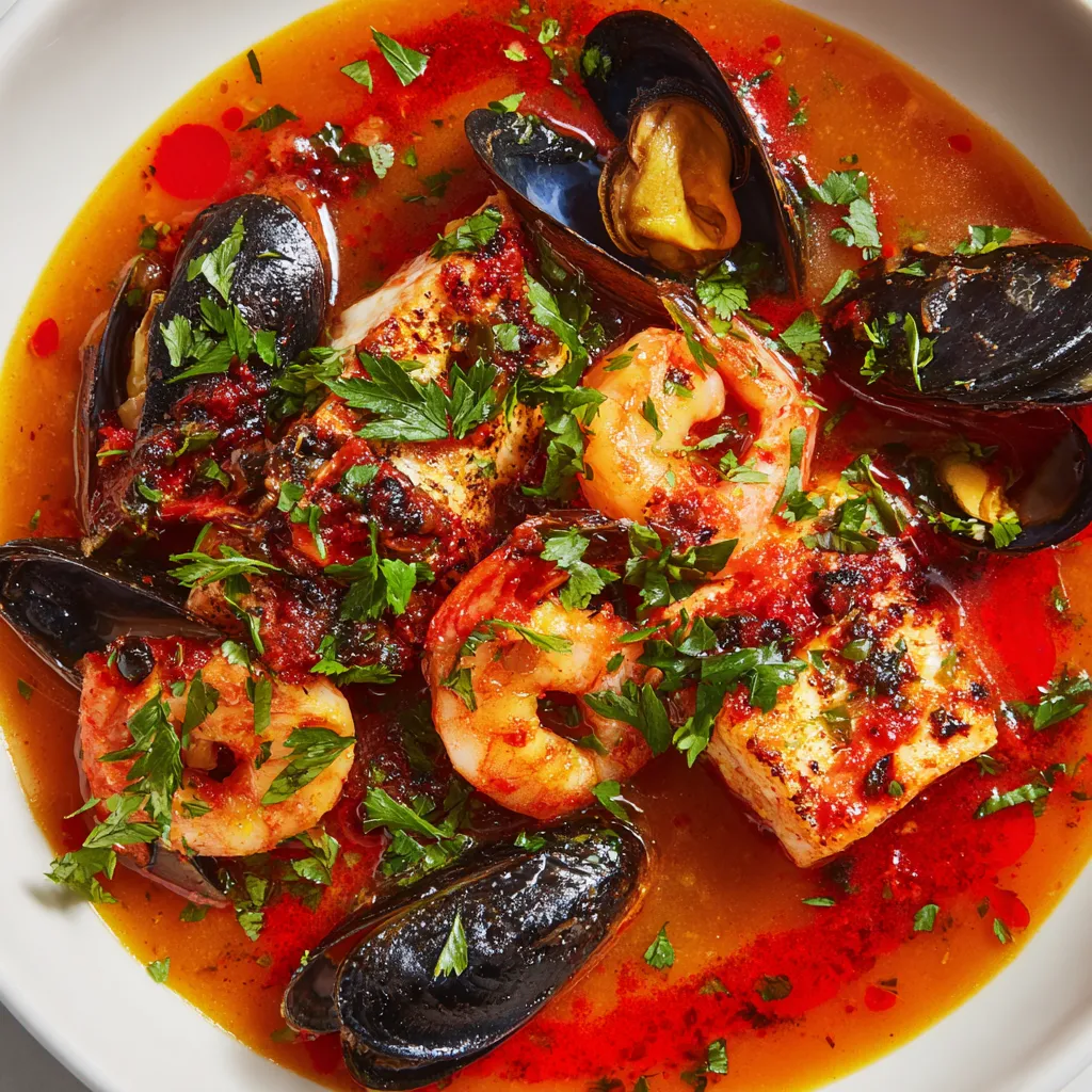 Suquet de Pescado Rosado Flambeado con Vinagreta de Piment d'Espelette.