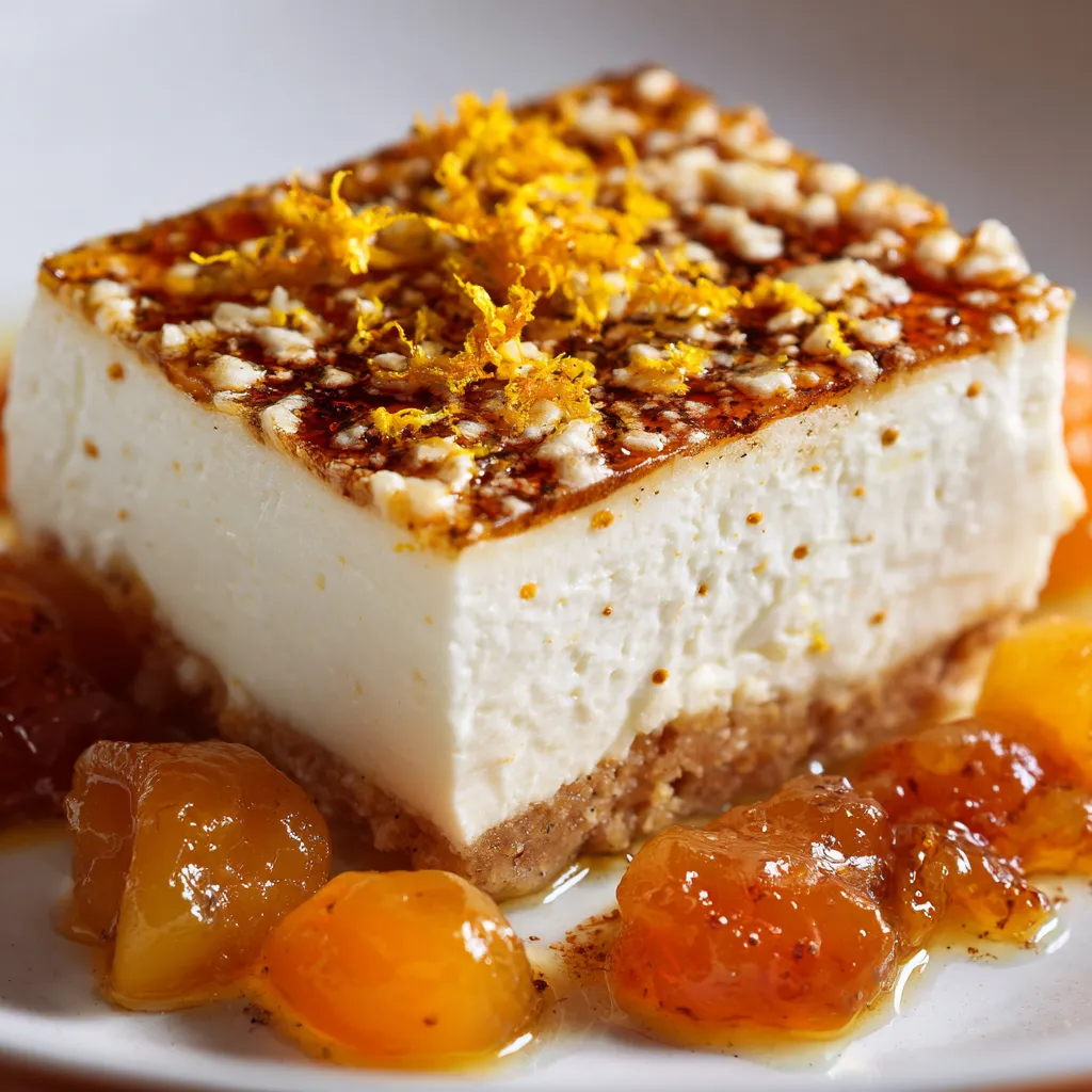 Quesada pasiega con ralladura de limón, canela y compota de kaki.