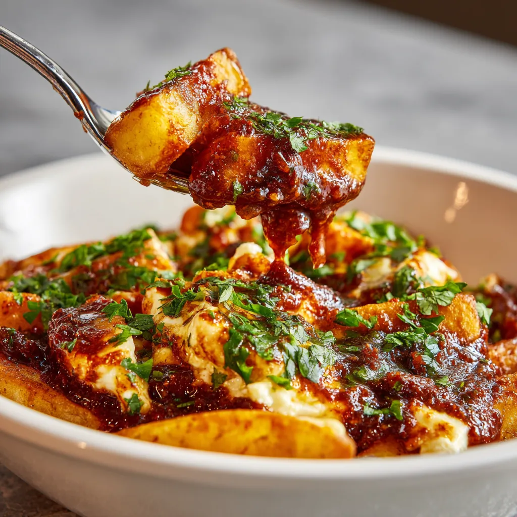 Poutine ibérica: patatas bravas con queso manchego fundente y coulis de chorizo.