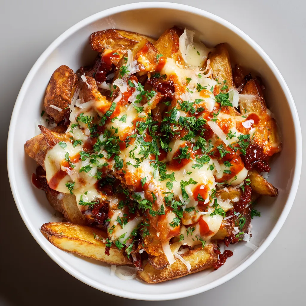 Poutine Ibérica: Patatas Bravas con Queso Manchego Fundente & Coulis de Chorizo.