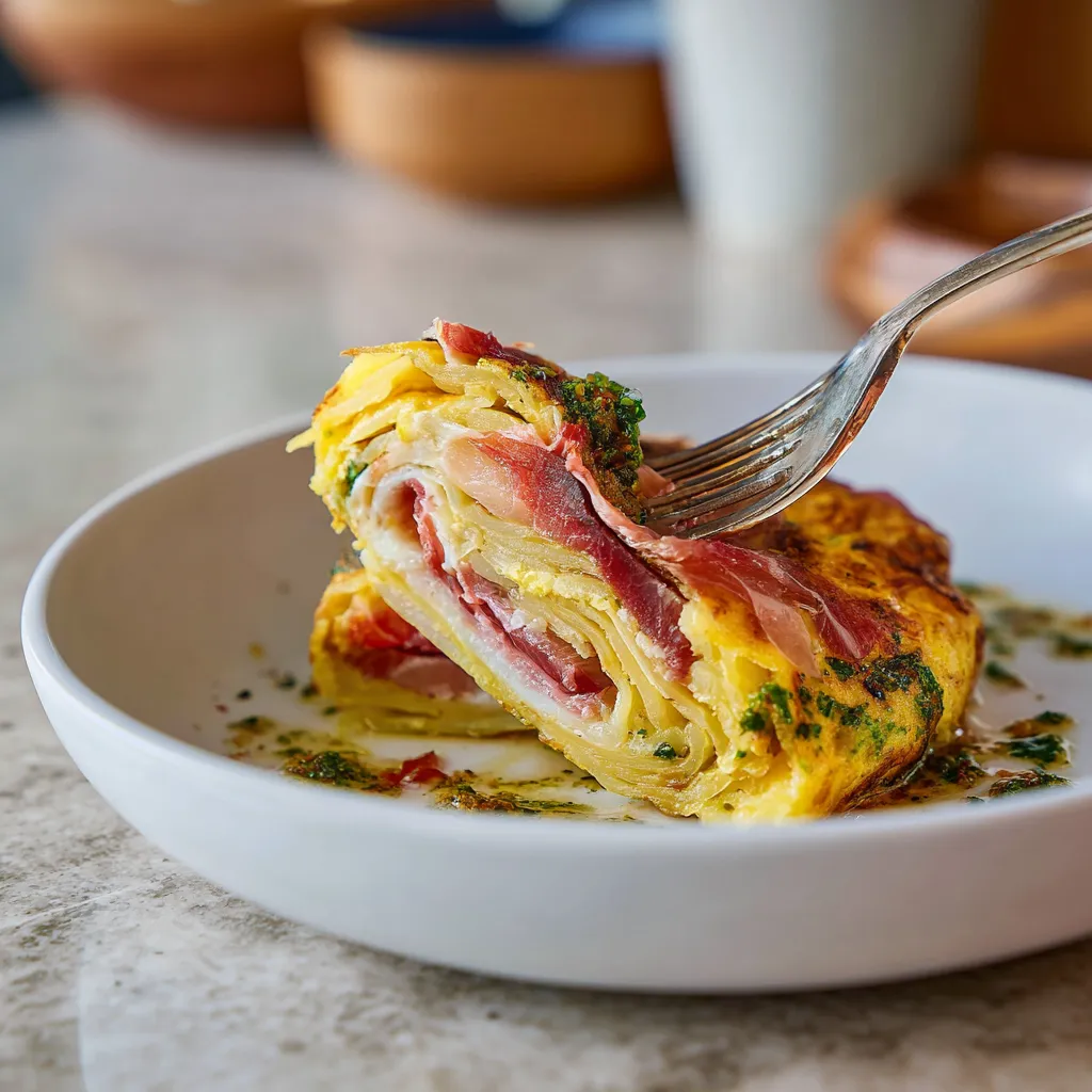 Tortilla de Patata Roulée Estilo Sushi con Ibérico & Pesto de Pimiento.