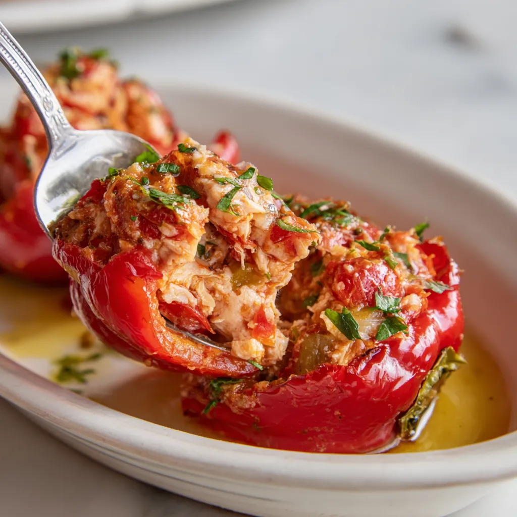 Pimiento relleno de ragú de cerdo y sardinas.