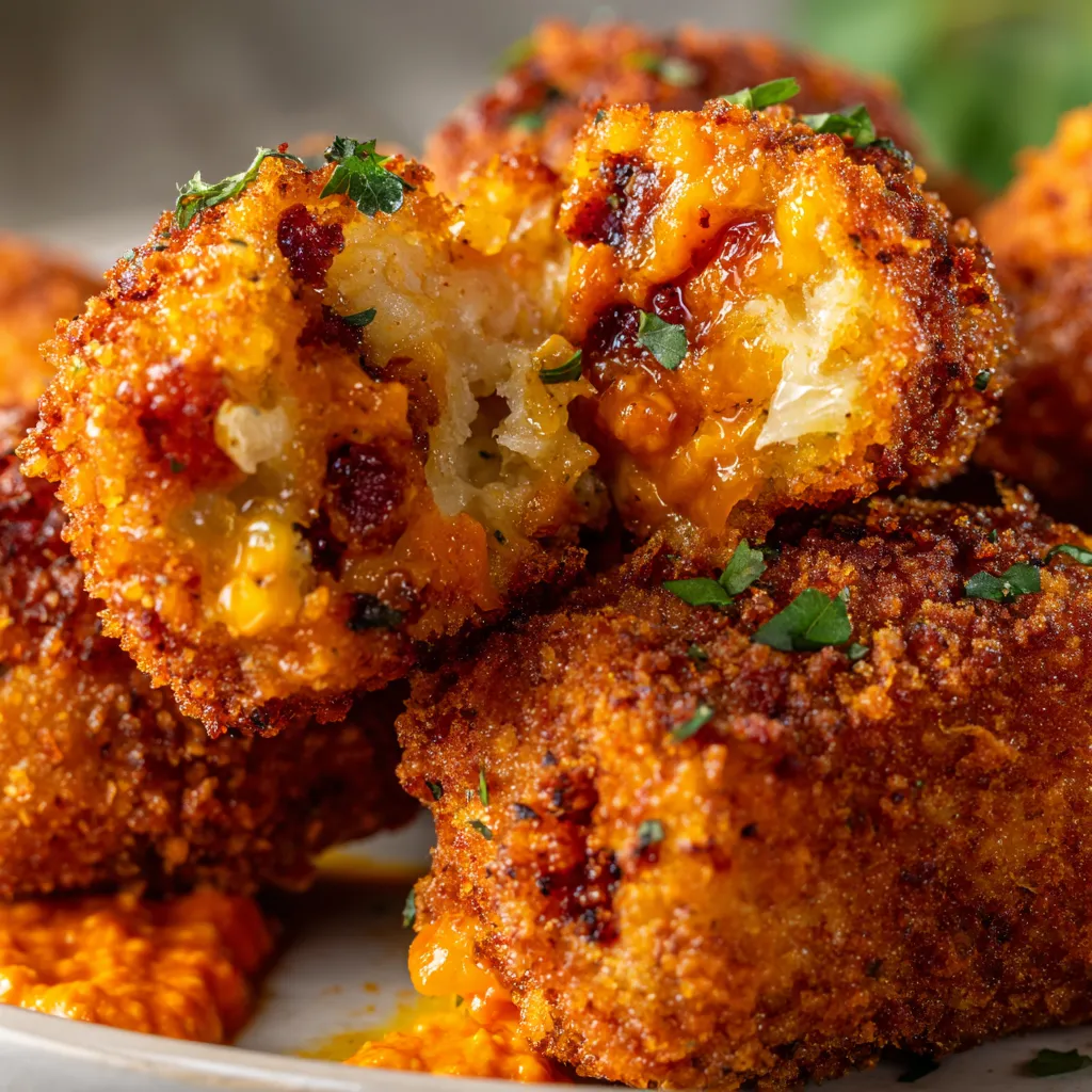 Croquetas de patata con chorizo suave y salsa picante.