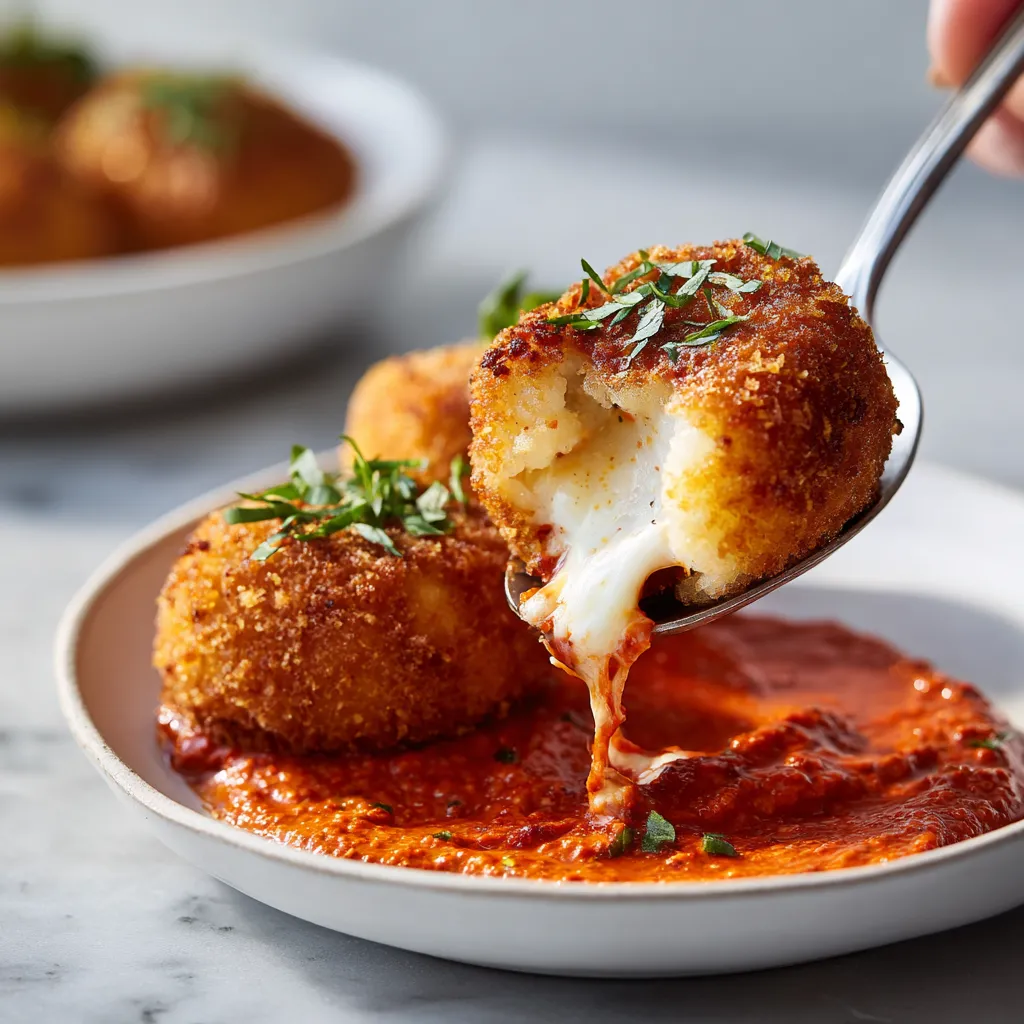 Croquetas de patata con chorizo suave y salsa romesco picante.