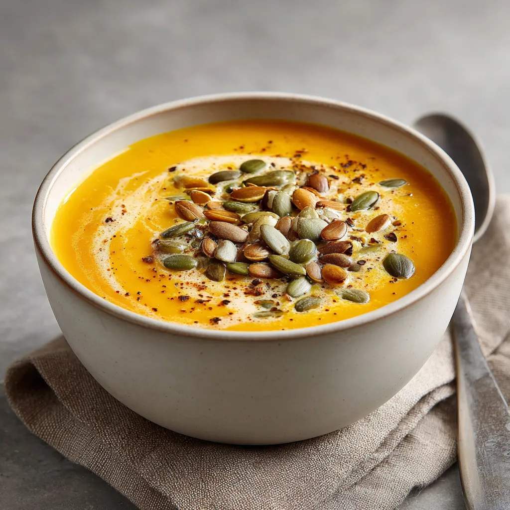 Crema de calabaza y jengibre con crujiente de semillas.