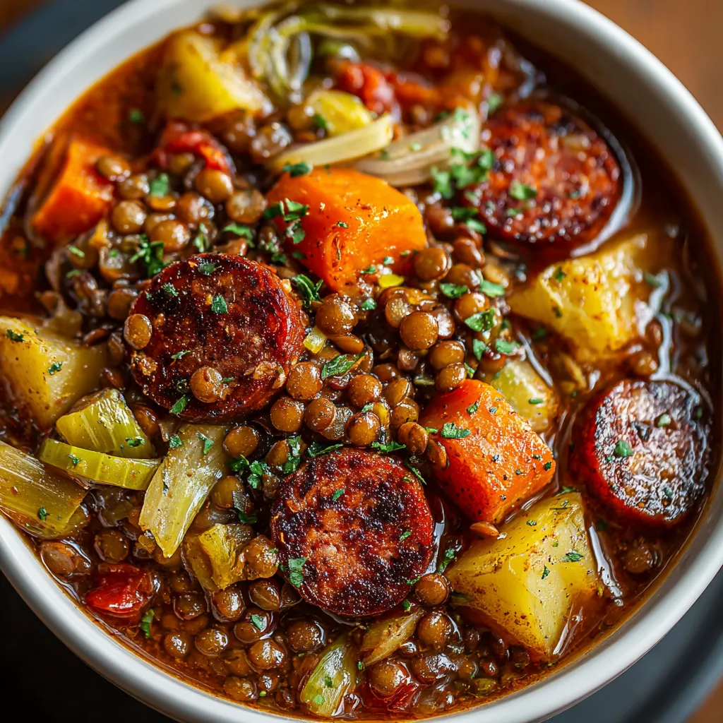 Lentejas estofadas con chorizo vegano y verduras de otoño.