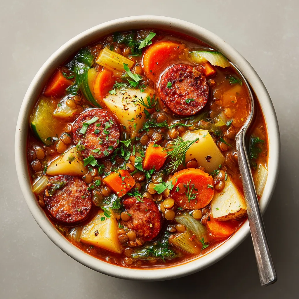 Lentejas estofadas con chorizo vegano y verduras de otoño.