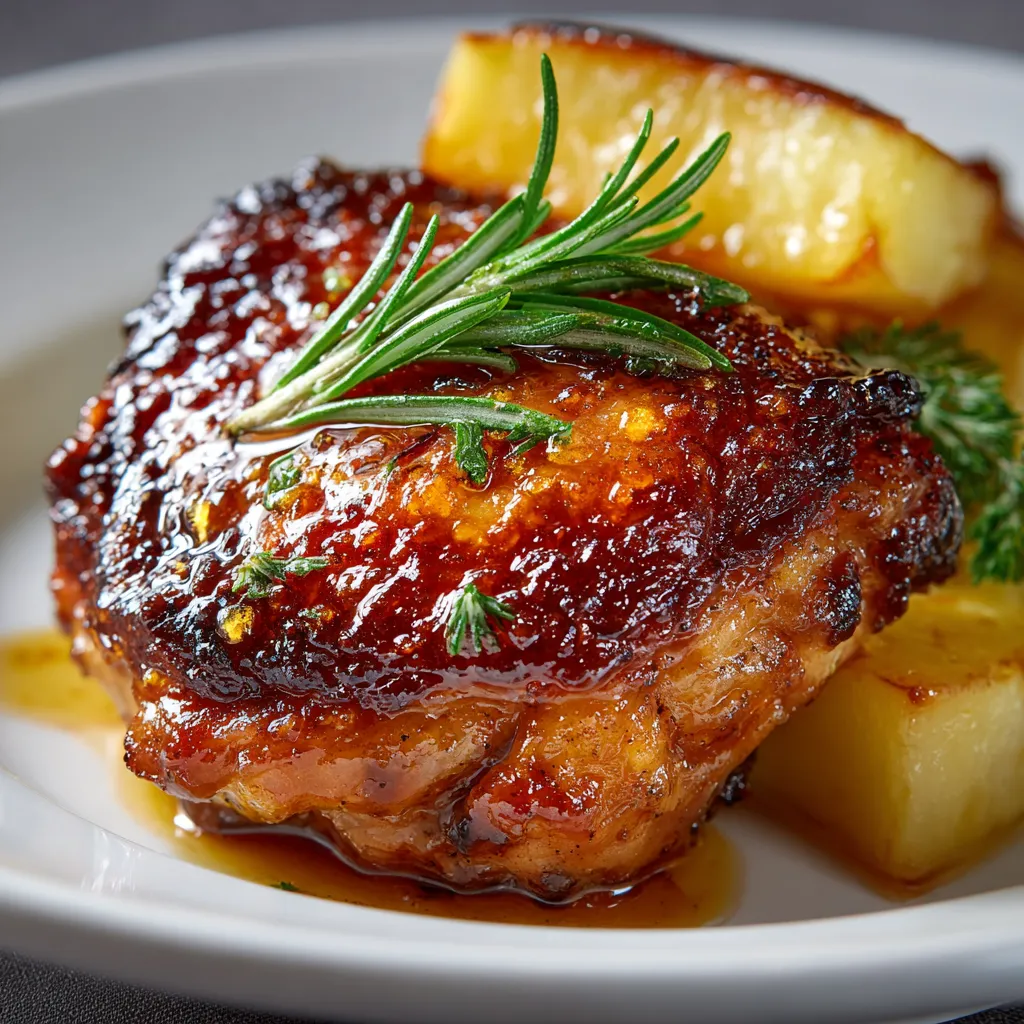 Pollo al horno con manzanas caramelizadas y romero.