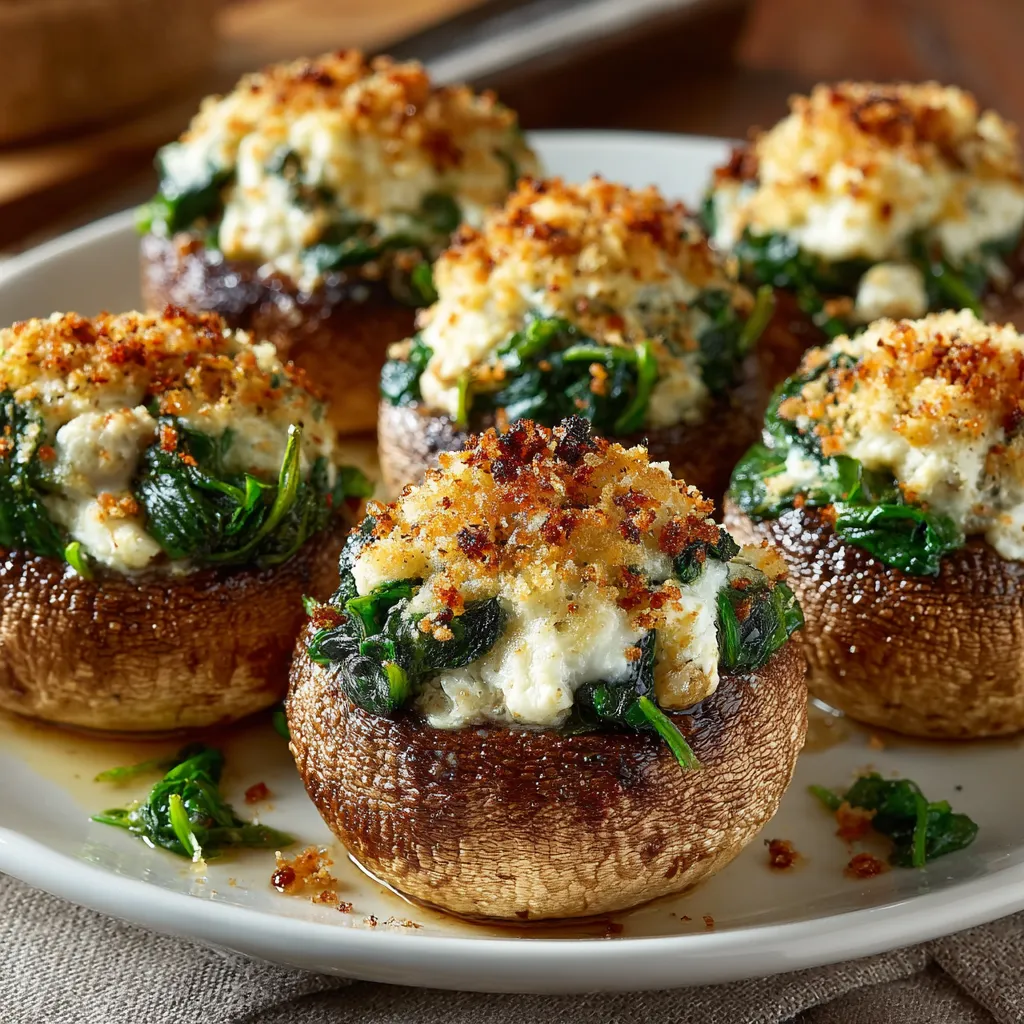 Plate of mushrooms with spinach and cheese.
