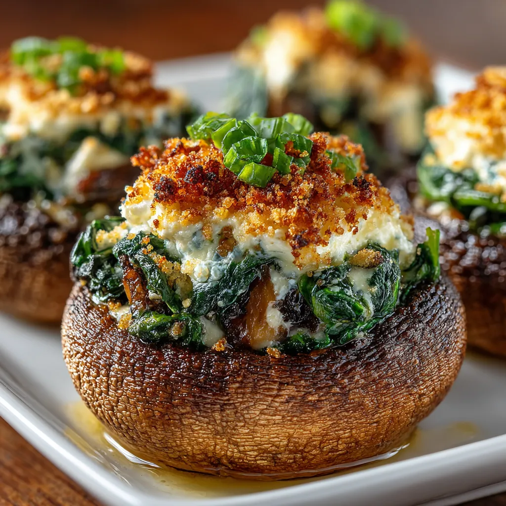 Un plato de champiñones rellenos de espinacas y queso de cabra.