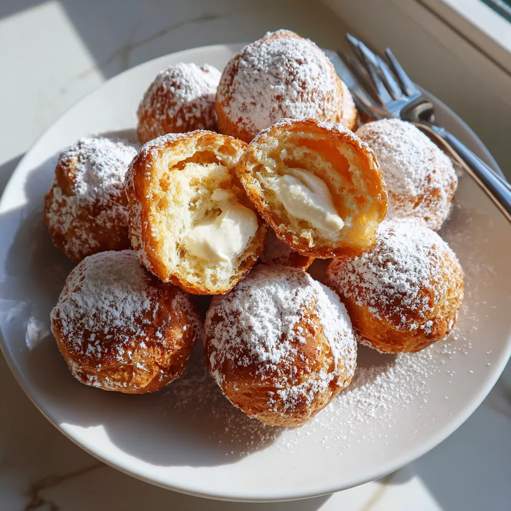 Plate of powdered donuts with cream filling.