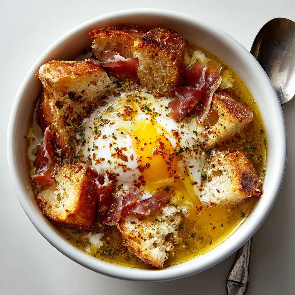 Sopa castellana rápida con huevo escalfado.