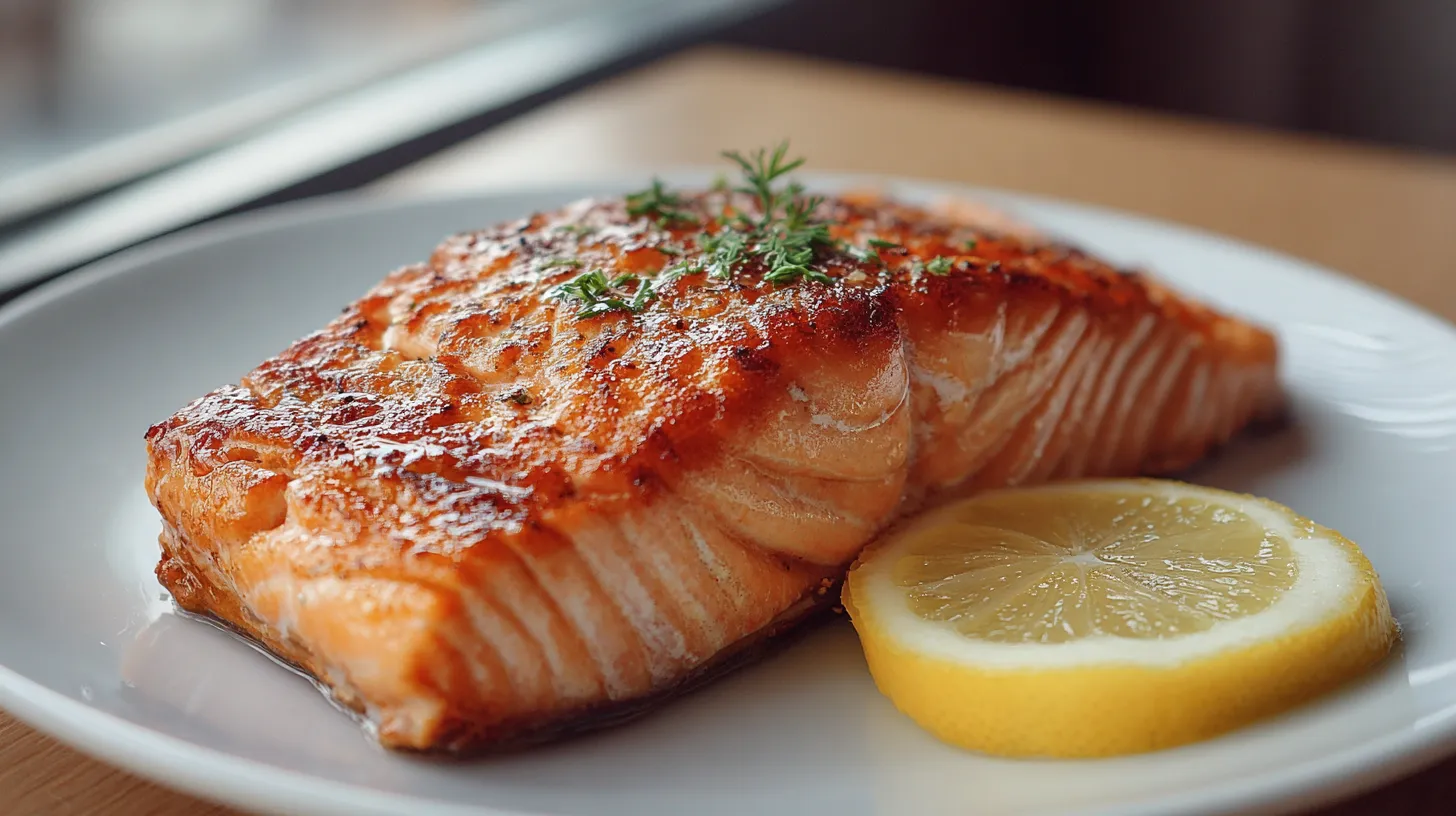 A plate of fish with lemon wedges on top.