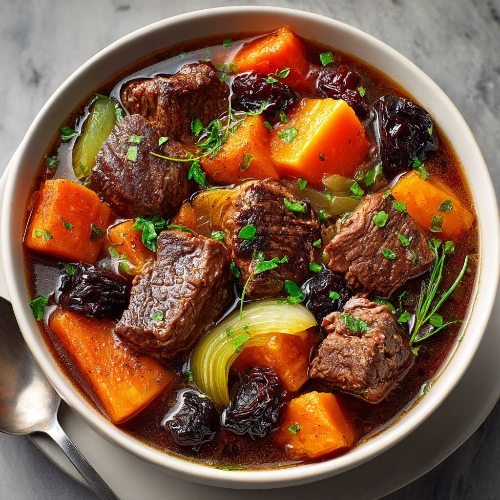 A bowl of beef stew with carrots and raisins.