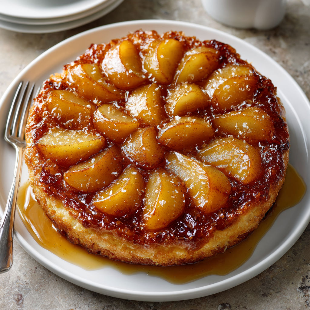 A slice of tarta de manzana invertida con toque de canela y jengibre.