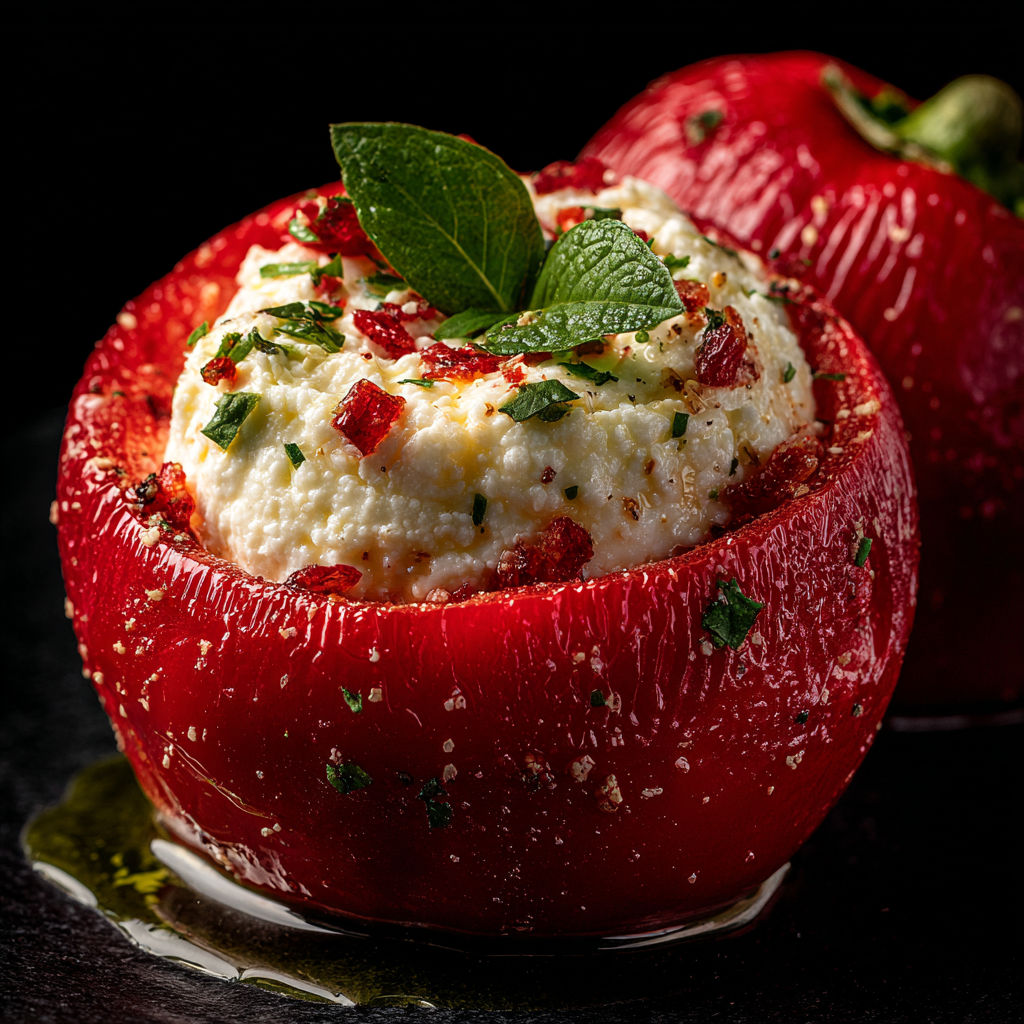 A red pepper with white cheese and green leaves on top.