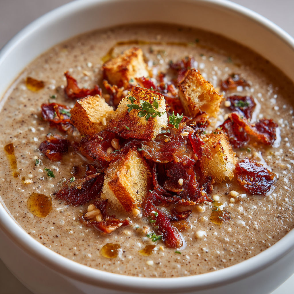 A bowl of soup with bread and bacon.