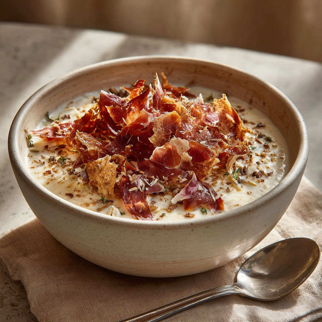 A bowl of soup with bacon and cheese.