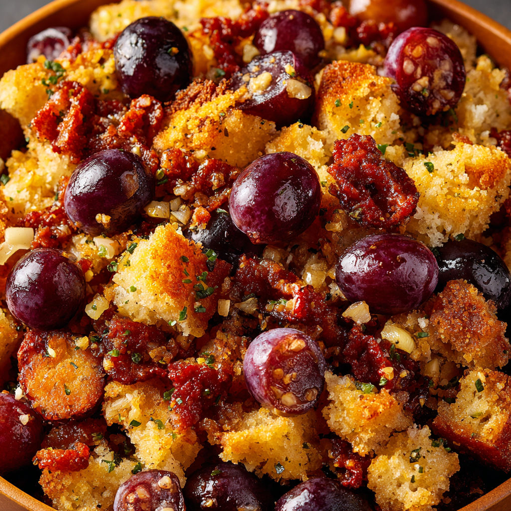 A bowl of Migas de Pastor con Uvas y Chorizo Crujiente.