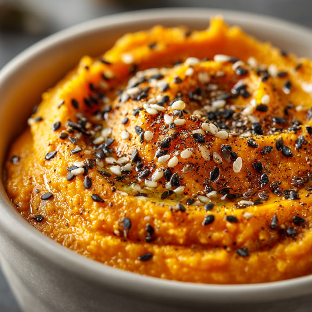 A bowl of cream of sweet potato and carrot with sesame seeds.