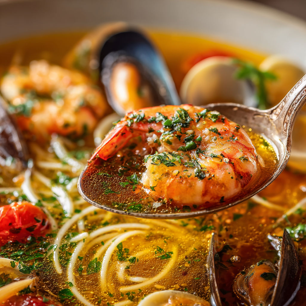 A spoon is in a bowl of soup with shrimp and clams.