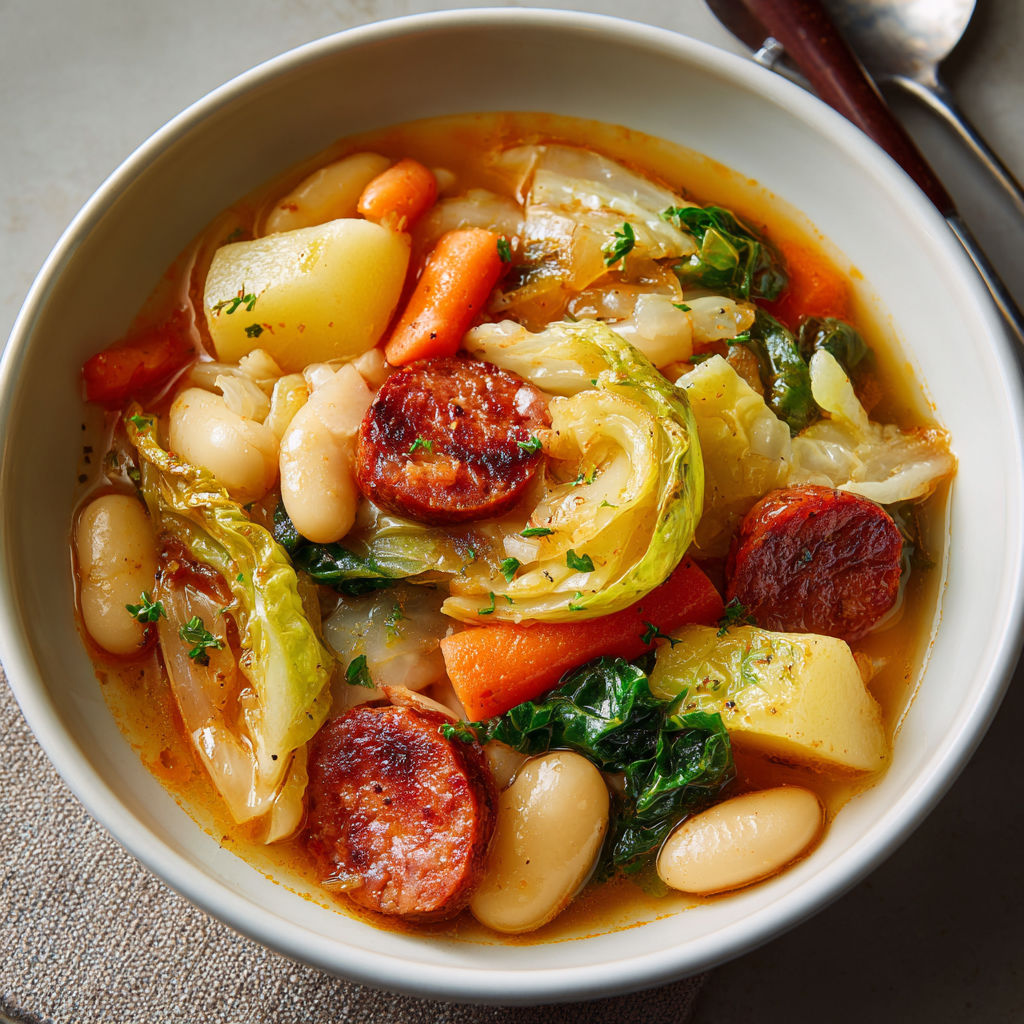 A bowl of soup with vegetables and sausage.